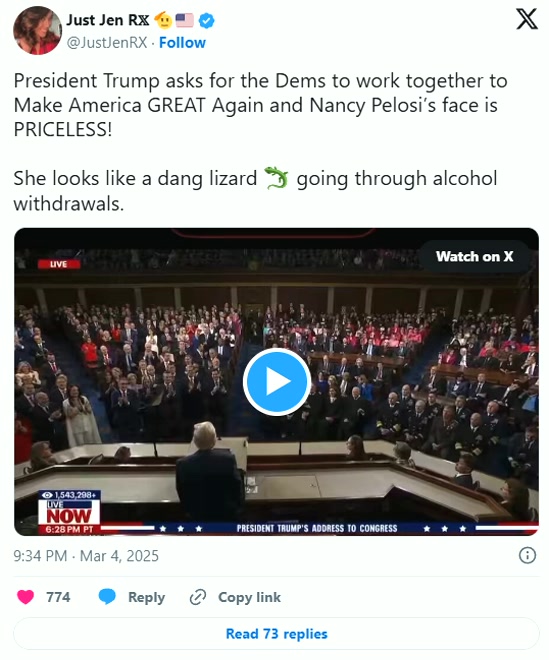 President Trump asks for the Dems to work together to Make America GREAT Again and Nancy Pelosi’s face is PRICELESS! She looks like a dang lizard 🦎 going through alcohol withdrawals.